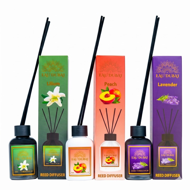 3 db aromás diffúzor szett, EAU DUBAI, Liliom+Őszibarack+Levendula, Reed Diffuser 3x 110 ML