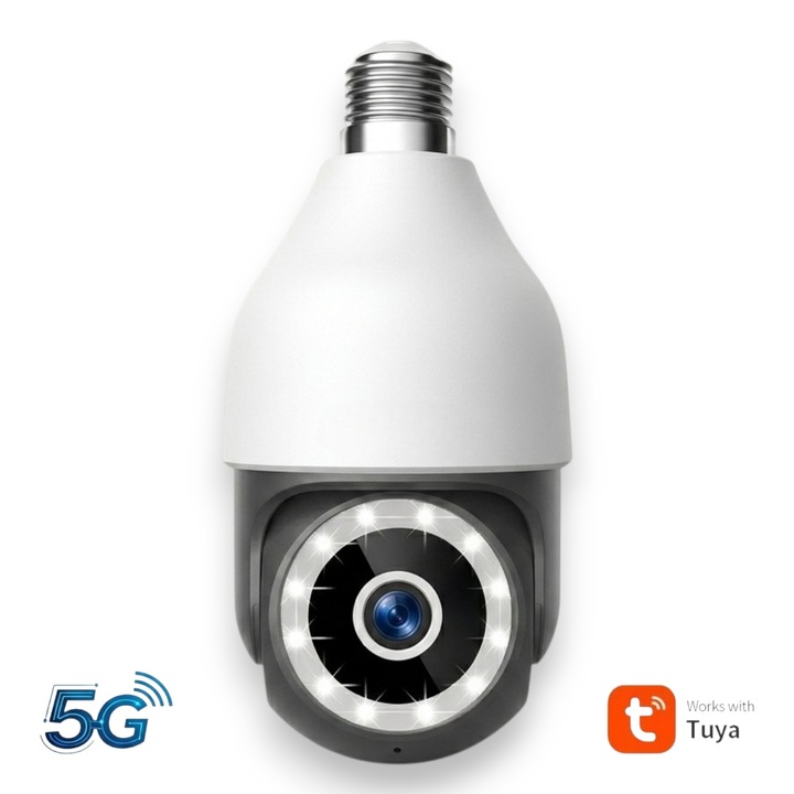 Londemm® Ultra Pro izzó típusú megfigyelő kamera, Tuya Smart/Smart Life vezérlés, 3MP Full HD felbontás, Wi-Fi Dual-Band 5GHz/2.4GHz, beltéri-kültéri IP66, színes éjjellátó, kétirányú hang, automatikus követés, fekete/fehér