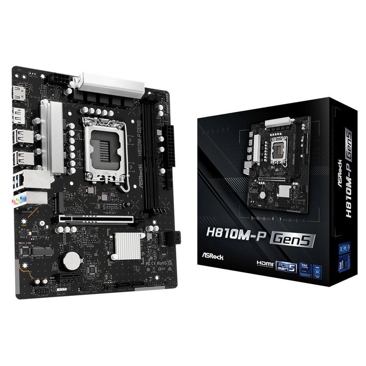 Дънна платка ASRock H810M-P Gen5, LGA1851, 2xDDR5, 128GB, Micro-ATX