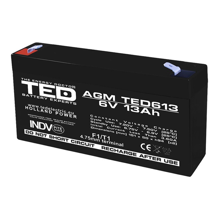 Baterie 6V 13Ah VRLA AGM Stationara TED Electric, pentru UPS, Echipamente Medicale, Sisteme de Securitate si Energie Regenerabila, 151 x 50 x 95 mm, TED613