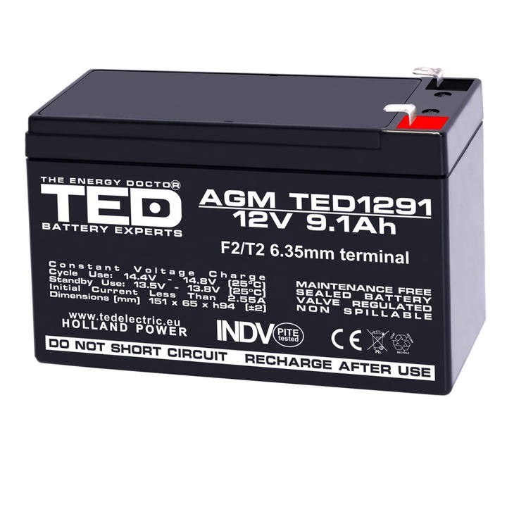 Baterie Reincarcabila F2/T2 12V Stationara VRLA 9.1Ah AGM, Dimensiuni 151x65x94 mm, TED Electric TED1291, pentru Sisteme UPS, Backup, Securitate, Echipamente Medicale, Iluminare, Stocare Energie