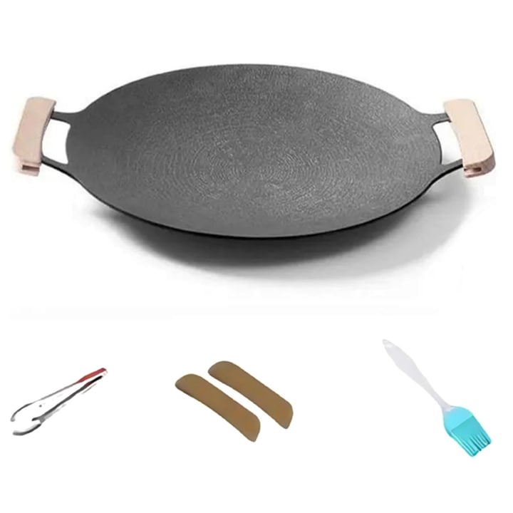 Plita japoneza rotunda, AFKSMILE, Placa gratar, Cu Manere si cleste de silicon si perie de ulei, Antiaderenta, Rezistent la coroziune, Usor de curatat, Pentru friptura, slanina, coaste, prajite, Metal, Diametrul 36cm, Negru