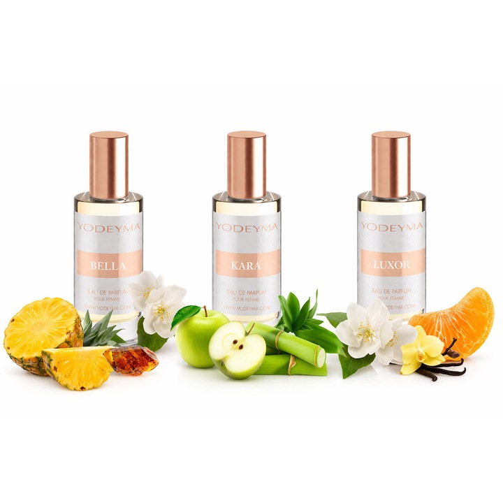 Yodeyma 3 darabos női parfüm szett, Kara, Luxor, Bella, virágos és orientális jegyek, 3x15ml