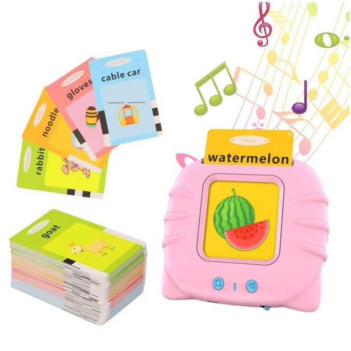 Set invatare engleza pentru copii, HAPPY JOKER, carduri interactive, roz, 3x5ani