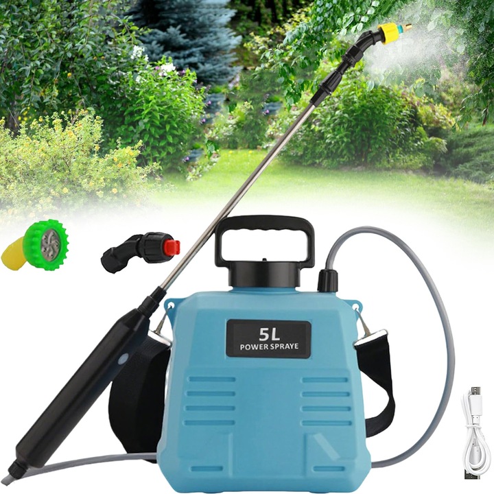 Pulverizator electric de grădină, 5l, albastru, maner reincarcabil USB, 26x23cm