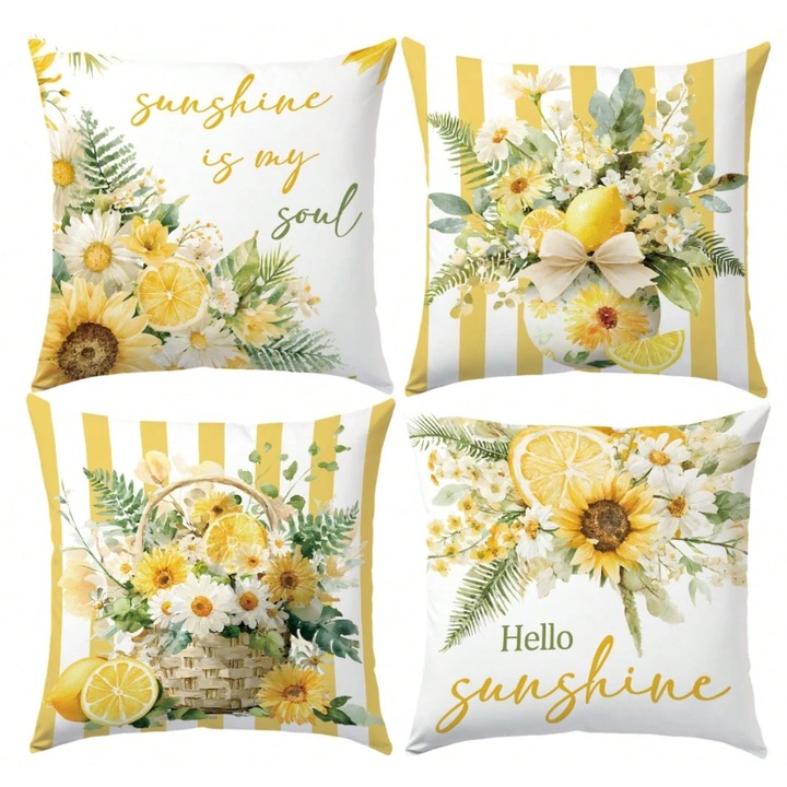 Set 4 fete de perna decorative galben floral, material catifelat, 45x45 cm