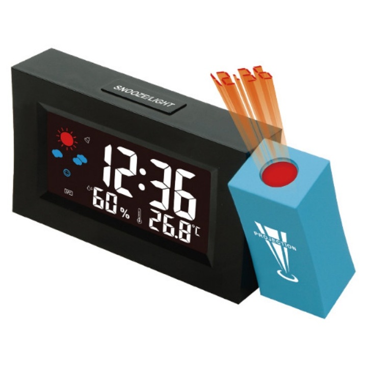 Elektronikus ébresztőóra, forgatható, vetítési funkcióval, időjárási információkkal, ORBER, hőmérséklet és páratartalom, világítás, éjszakai fény, LCD kijelző, műanyag, 170 × 28 × 82,2 mm, fekete