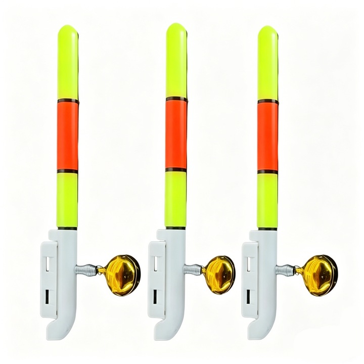 Set alarma de pescuit cu LED, 3 bucati, cu baterii si clopot, rezistent la apa, metalic si plastic