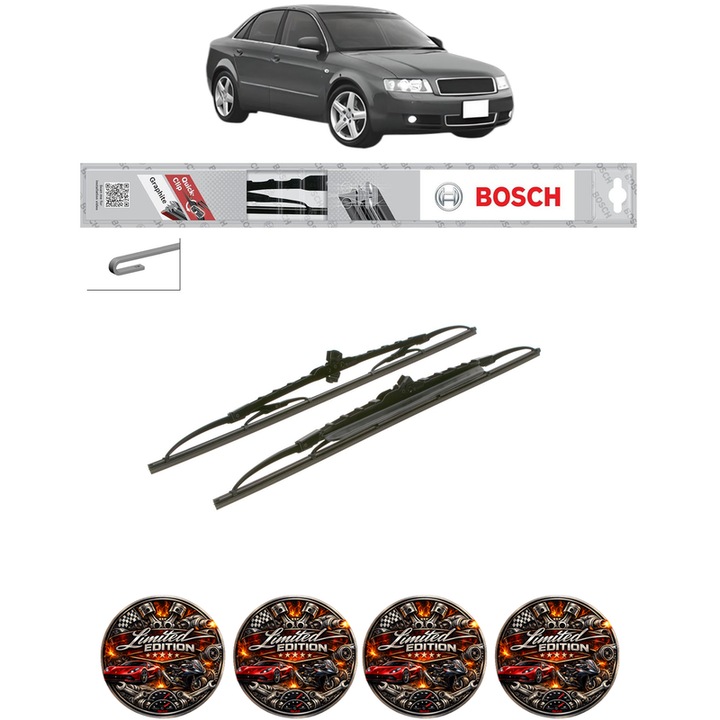 Set 2 stergatoare AUDI A4 B6 (8E2) din 2000-2004, Tip Clasic Standard, Bosch Twin, 4x Stickere auto