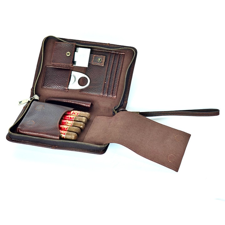 Humidor pentru trabucuri, capacitate 5 trabucuri, maro închis, cu suport brichetă și taietor de trabucuri