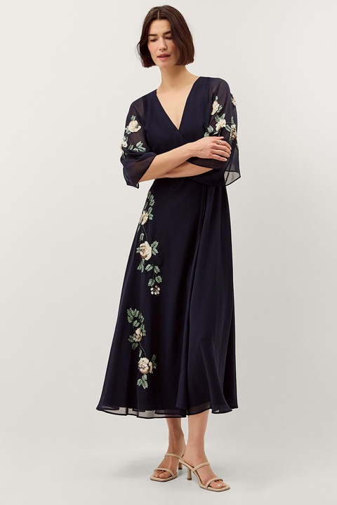 MONSOON, Rochie cu design floral si decolteu in V, Alb/Verde/Albastru ultramarin