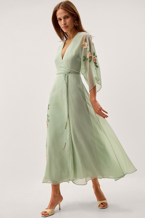 Monsoon London, Rochie cu design floral si decolteu in V, Verde pal