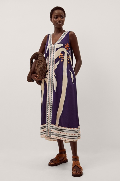 MONSOON, Rochie cu model si decolteu in V Paloma, Alb fildes/Albastru indigo