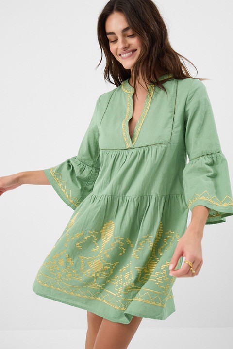 Accessorize London, Rochie scurta din amestec de in cu croiala evazata si model brodat, Verde, L