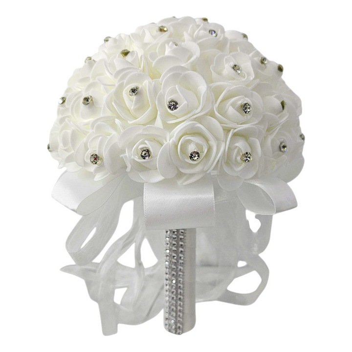 Buchet mireasa elegant Royal Pearl cu trandafiri, perle si cristale, Velve