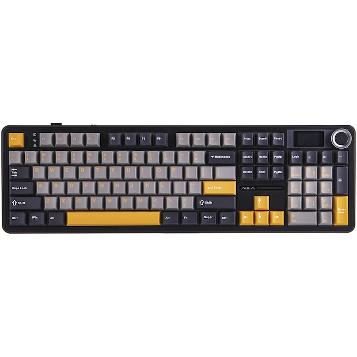 Tastatura mecanica EPOMAKER AULA F108 Pro, Full Size, Wireless Tri-Mode, Display, Knob, Hot-Swap, 8000mAh, RGB, Grey Yellow, macOS/Windows/Linux