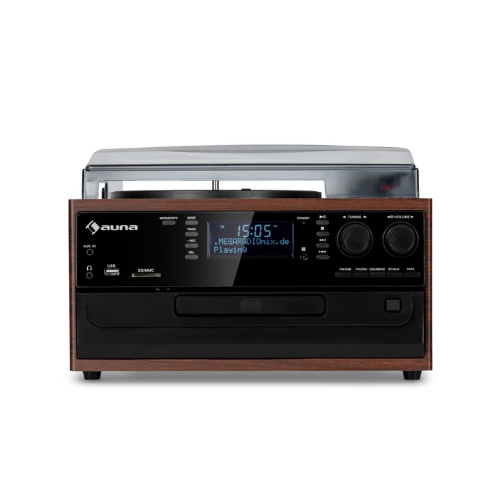 Sistem stereo retro Auna Oakland DAB, DAB+/FM, Bluetooth, vinil/CD, 32, 5x21, 5x30cm