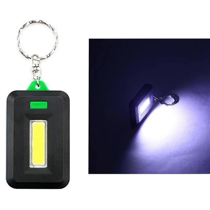 2 darabos szett, Mini LED COB zseblámpa/kulcstartó, 3 világítási móddal és fémgyűrűvel, hordozható, fekete/zöld