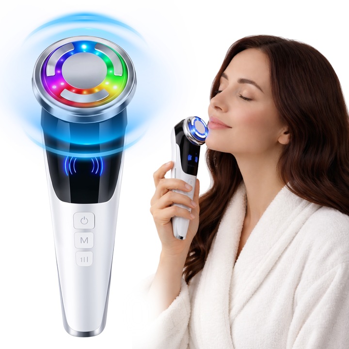 Aparat Facial cu Lumina LED si EMS, Dispozitiv Facial Profesional, Multifunctional 4in1, Terapie Tratament cu Lumina LED 6 Beneficii Majore, Masaj Electrostimulare Musculara, Anti-Imbatranire, Reduce Ridurile, Lifting, Anticearcan, Curata Pielea, Jovieli