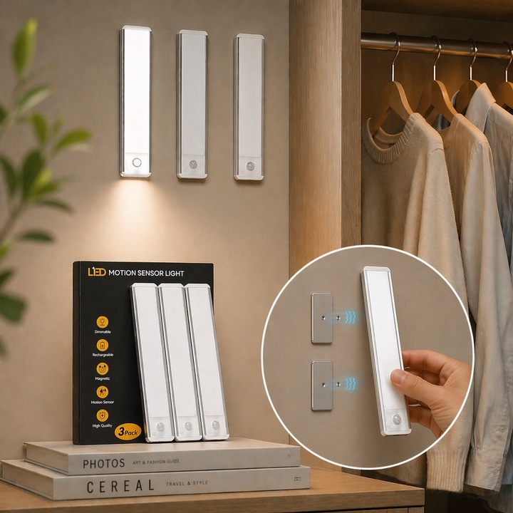 3 db LED lámpa szett fény- és mozgásérzékelővel CASAMEDI®, 20.5 cm, 1100mah akkumulátor, egyenletes hideg fehér fény 6000k, állítható intenzitás, mágneses tartó, USB-C töltés, konyhába, előszobába, gardróbba