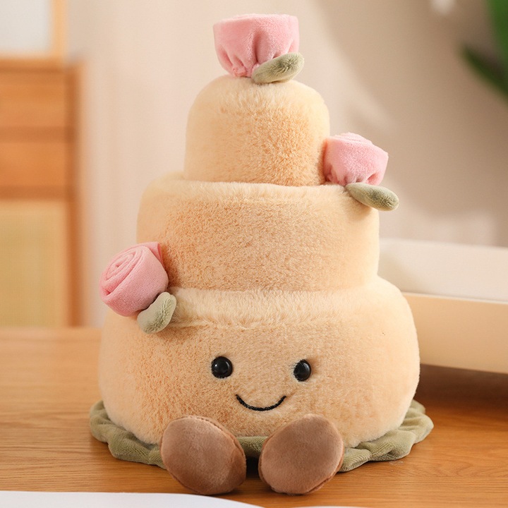 Tort de ziua de nastere galben, jucarie de plus, 32cm, cadou pentru fetite