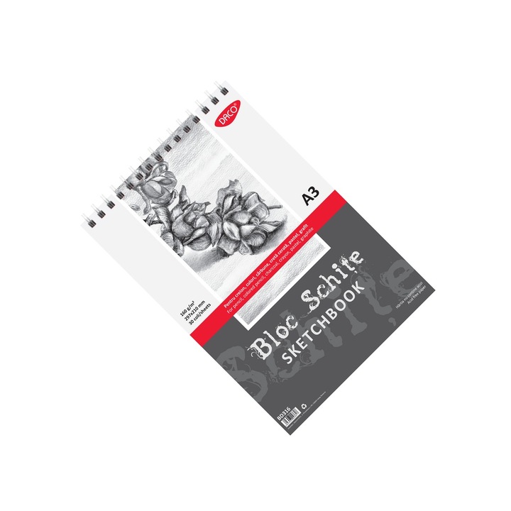 Bloc de desen A3 cu spirala, 30 file, 160 g/mp, ideal pentru schite in creion si pastel DACO sku28