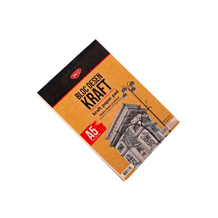 Bloc de desen A5 cu hartie Kraft, 50 file, 115 g/m², ideal pentru schite si desen DACO sku28