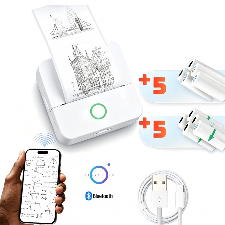 Mini hordozható nyomtató, Bluetooth, telefonos alkalmazás, IOS/Android kompatibilis, termikus, tonermentes, beépített akkumulátor, 5 öntapadós tekercs + 5 egyszerű tekercs mellékelve, AZFAMZOP®, Fehér