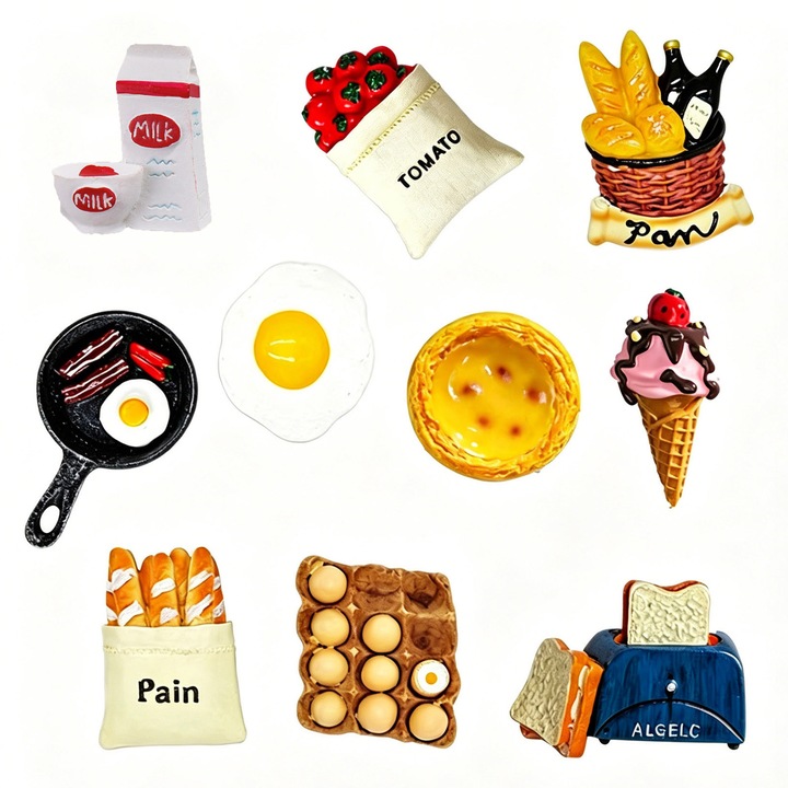 Set 10 magneti frigider alimente, asskanaer, Magnet de frigider 3D distractiv, Pentru decorarea bucatariei de acasa, whiteboard photo wall, dulap metalic de depozitare, In miniatura, Rasina, Multicolor