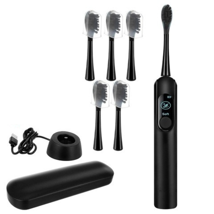 Periuta de dinti sonica electrica Varioshop neagra 90.000 rpm, 6 moduri de periaj, incarcare inductiva, 6 capete incluse, baterie 1200 mAh, IPX7 rezistenta la apa