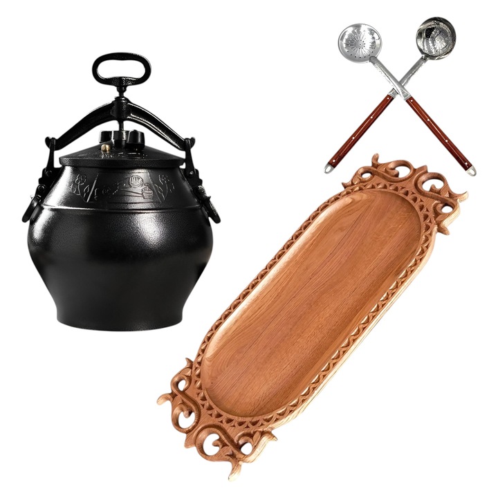 Set complet de cazan afgan, Tandor, model SB 30, aluminiu, 19 l, platou din lemn 73x30x6 cm