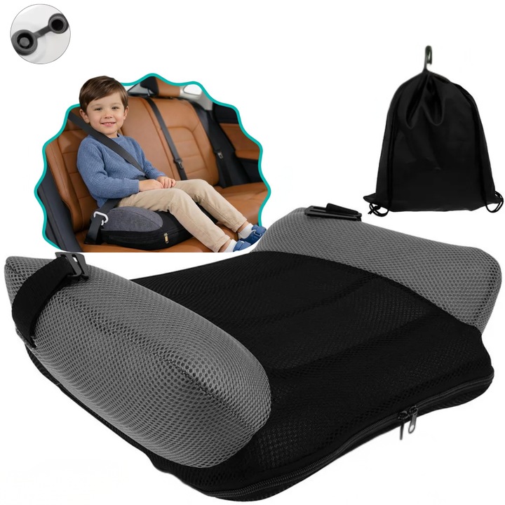Inaltator Auto pentru Copii, Gonflabil, Adsera, 6-12 ani, 22-36 kg, 135-150 cm, Fixare Centura Masina, Husa detasabila, Set cu saculet transport, Negru