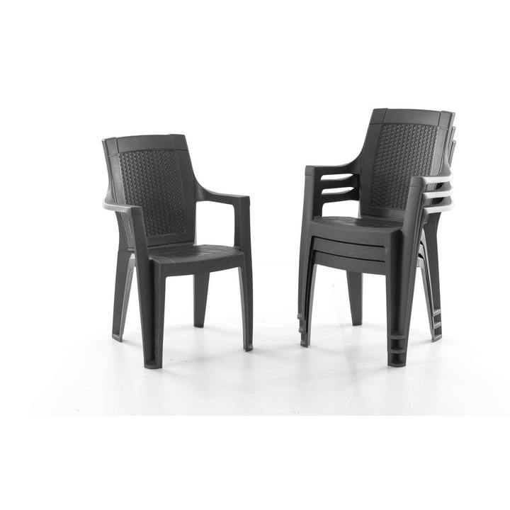 Set 4 Scaune de Gradina, Terasa, Fabricate din Plastic, Model Efes, Culoare Negru/Antracit, Greutatea maxima 130 Kg