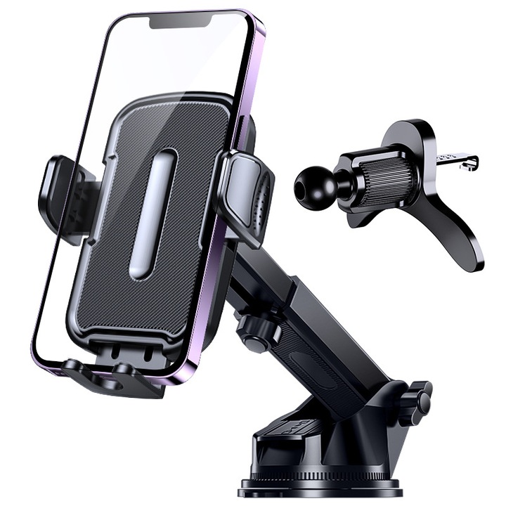 Suport auto pentru telefon 2 in 1, unghi reglabil, cu ventuza si clema, multicolor