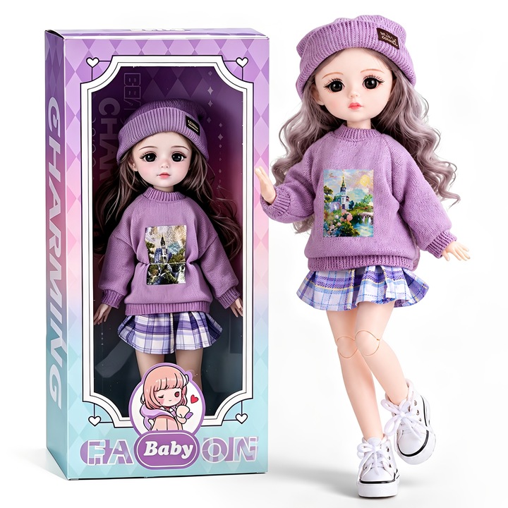Papusa Bebelus, BYONDSELF®, Inaltime 32cm, Set Violet, Articulatii Mobile, Parul Lung Pana, Aspect Realist, 3 Ani+