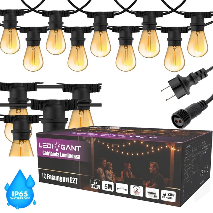 Ghirlanda luminoasa LED 5m LEDIGANT, 10 becuri incluse (E27), interconectabila, IP65, pentru terasa, gradina si evenimente