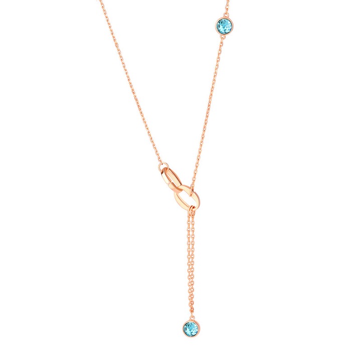 Colier dama lung auriu sampanie cu cristal albastru elegant