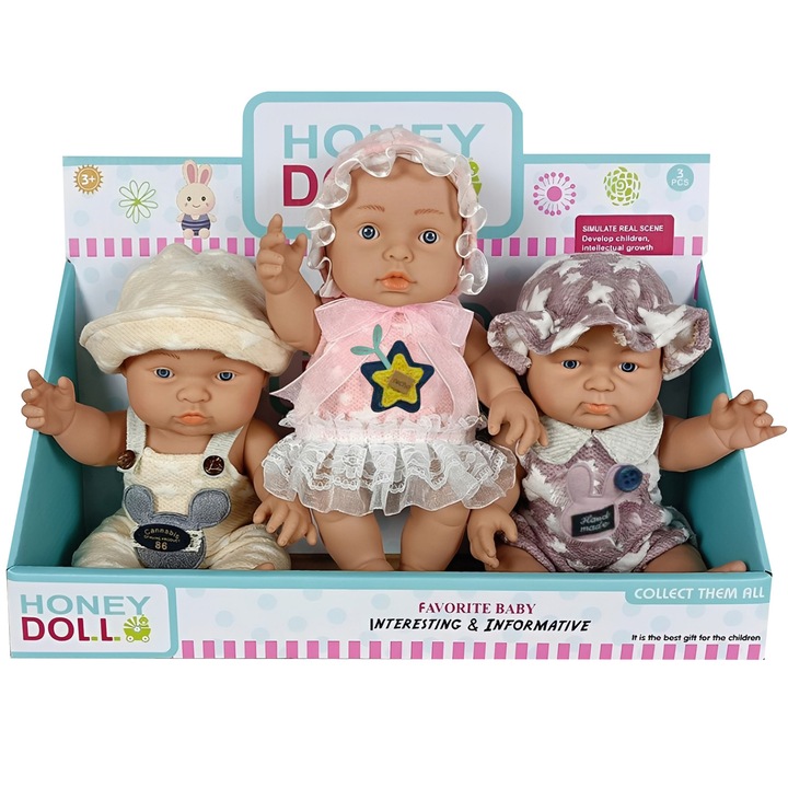 3 db baba szett, BYONDSELF®, 22 cm magasság, állítható testtartás, levehető ruházat, puha PVC anyag, 3 év+
