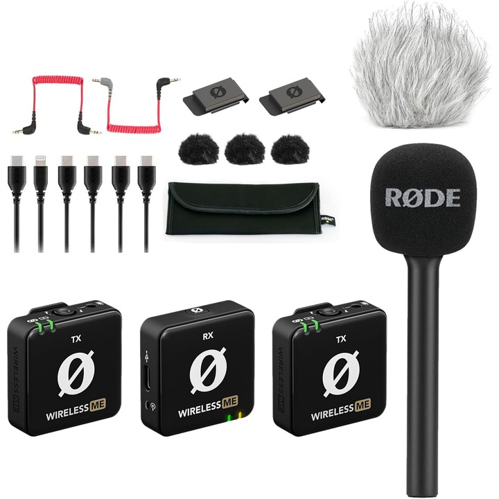 Sistem microfon wireless dual RØDE Wireless ME, 2 persoane, USB-C, negru, cu Interview GO și wind shield