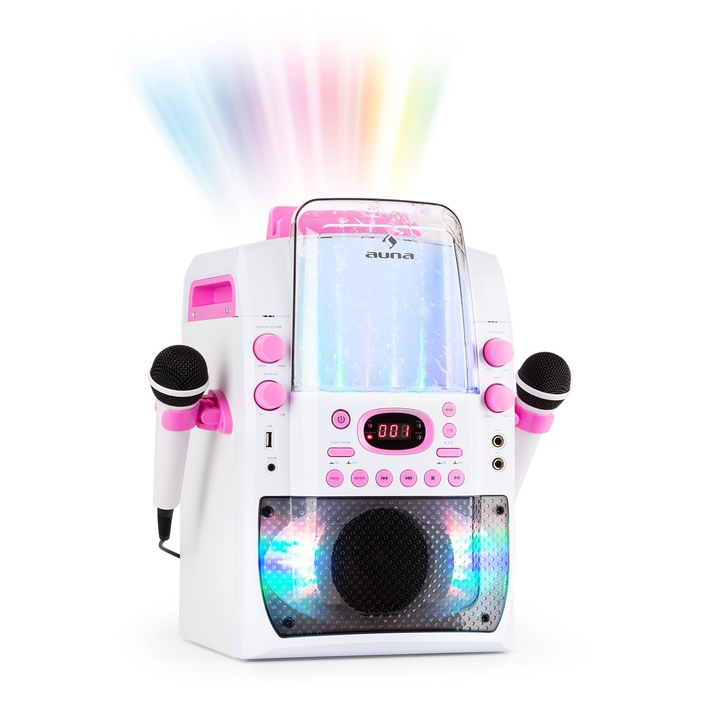 Dispozitiv karaoke Auna Kara Liquida BT, cu efecte de lumini, fantana de apă, Bluetooth, alb/roz, 31x40x25cm