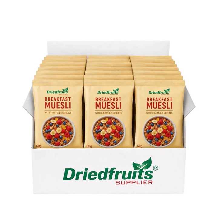 Muesli cu fructe și 5 cereale Driedfruits, 1.2 kg, fără zahăr adăugat, cutie