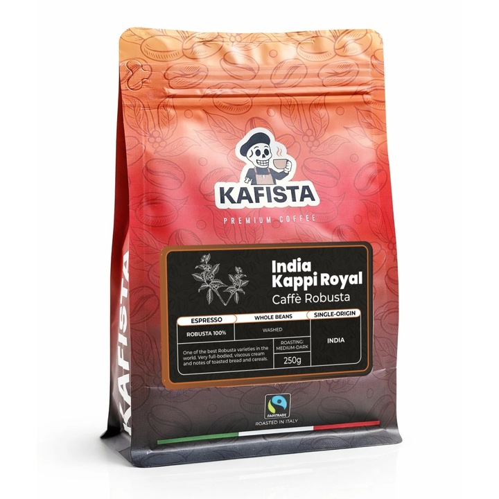 Cafea boabe Kafista "India Kappi Royal", 100% Robusta, 500g, aroma de ciocolata amara si nuci, prajire medie