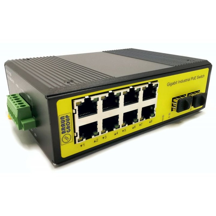 Switch industrial Braun Group 8 porturi RJ45 PoE, 2 porturi SFP, IP40, 144x104, 5x47, 5mm