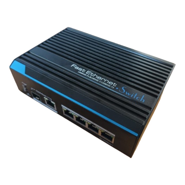 Switch Fast Ethernet, Braun Group, 4 porturi RJ45, 1 port Uplink, 1 port SFP, carcasa metalica, design industrial