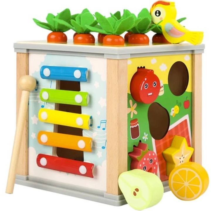 VarioShop® 5 az 1-ben fa oktatókocka gyerekeknek, Montessori játék, formaillesztő, óra, mágneses játék, motoros és logikai fejlesztés, 16 x 15.5 x 15.5 cm