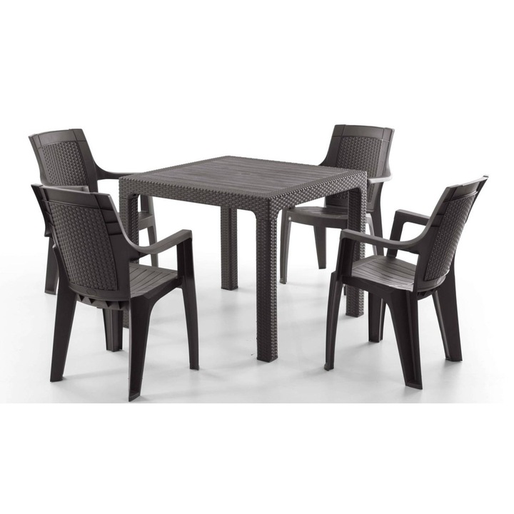 Set Masa terasa/gradina cu 4 scaune Efes Maro, 90x90x77 cm, plastic, aspect ratan