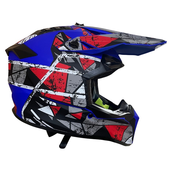 Casca copii Motocross - Enduro pentru motocicleta, ATV, bicicleta – marimea S (49-50 cm), albastru mat cu design rosu-gri