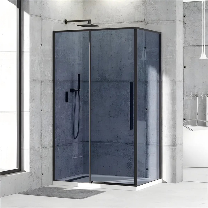 Cabina De Dus Diplon Oto 80x120cm, Sticla Securizata Gri, Grosime Sticla 6mm, Profil Aluminiu Negru, Usa Culisanta, Design Modern, Forma Dreptunghiulara, Montaj Reversibil