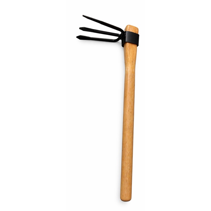 Sapaliga cu furca de gradina 2 in 1, Maner lemn, Cap metalic, Ideala pentru plivit, afanat sol si gradinarit, 36 cm, Negru