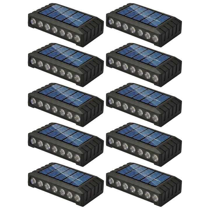 10 db NEXTLY kültéri napelemes lámpa szett, 14 LED, meleg fény, fényérzékelő, vízálló, falra/kerítésre szerelhető tiplikkel/ragasztóval, 15.2x5.5x2.5cm, fekete